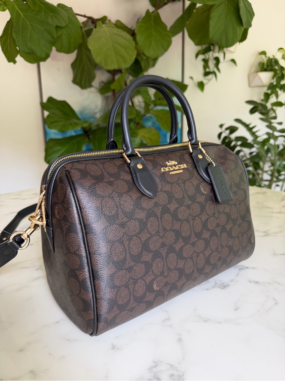 NWT Coach Rowan Large Satchel Crossbody Bag Signature Canvas Walnut Black CEY74 - Picture 2 of 12